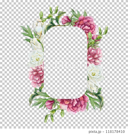 Vertical frame with peonies, freesia. Hand drawn watercolor illustration isolated on white. For birthday greeting cards, mothers day, wedding invitations, labels. Vertical frame with peonies, freesia. Hand drawn watercolor illustration isolated on white. For birthday greeting cards, mothers day, wedding invitations, labels. 118178410