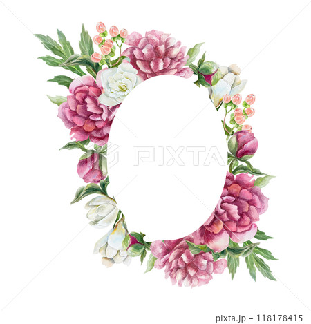 Vertical floral frame with peonies, freesia, hypericum berries. Hand drawn watercolor illustration isolated on white. For birthday greeting cards, mothers day, wedding invitations, labels. Vertical floral frame with peonies, freesia, hypericum berries. Hand drawn watercolor illustration isolated on white. For birthday greeting cards, mothers day, wedding invitations, labels. 118178415