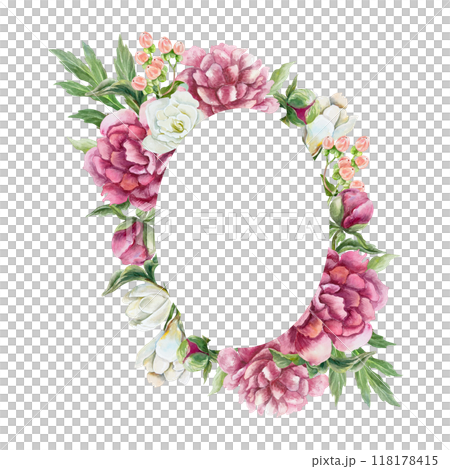 Vertical floral frame with peonies, freesia, hypericum berries. Hand drawn watercolor illustration isolated on white. For birthday greeting cards, mothers day, wedding invitations, labels. Vertical floral frame with peonies, freesia, hypericum berries. Hand drawn watercolor illustration isolated on white. For birthday greeting cards, mothers day, wedding invitations, labels. 118178415