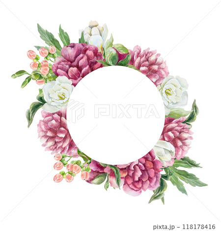 Floral round frame with lush peonies and delicate freesia. Hand drawn watercolor illustration isolated on white. For birthday greeting cards, mothers day, wedding invitations, labels. Floral round frame with lush peonies and delicate freesia. Hand drawn watercolor illustration isolated on white. For birthday greeting cards, mothers day, wedding invitations, labels. 118178416