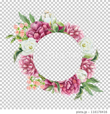 Floral round frame with lush peonies and delicate freesia. Hand drawn watercolor illustration isolated on white. For birthday greeting cards, mothers day, wedding invitations, labels. Floral round frame with lush peonies and delicate freesia. Hand drawn watercolor illustration isolated on white. For birthday greeting cards, mothers day, wedding invitations, labels. 118178416