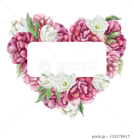 Floral frame with lush peonies and delicate freesia in the shape of a heart. Hand drawn watercolor illustration isolated on white. For birthday greeting cards, Valentines Day, wedding invitations. 118178417