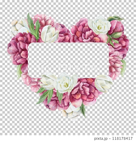 Floral frame with lush peonies and delicate freesia in the shape of a heart. Hand drawn watercolor illustration isolated on white. For birthday greeting cards, Valentines Day, wedding invitations. 118178417