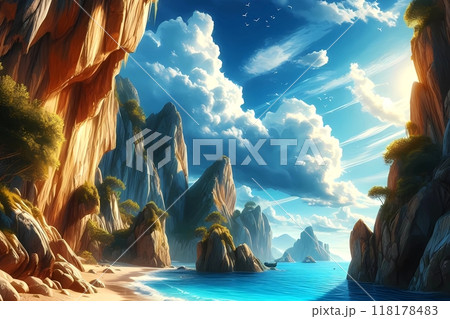 Beach view during the day, anime style, horizontal view  118178483