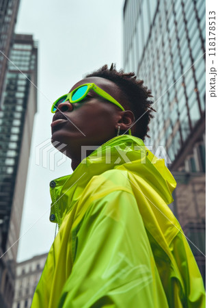 Trendy urban fashion: vibrant neon look in cityscape Trendy urban fashion: vibrant neon look in cityscape 118178513