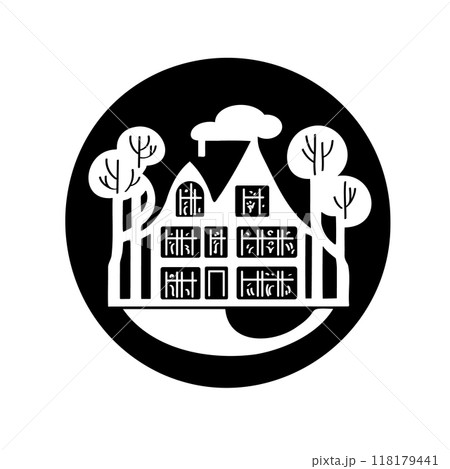 emblem house or cottage. The icon is a large private house with trees. Monochrome image of a two-storey private building. Vector illustration 118179441