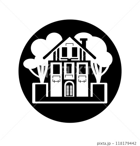emblem house or cottage. The icon is a large private house with trees. Monochrome image of a two-storey private building. Vector illustration 118179442