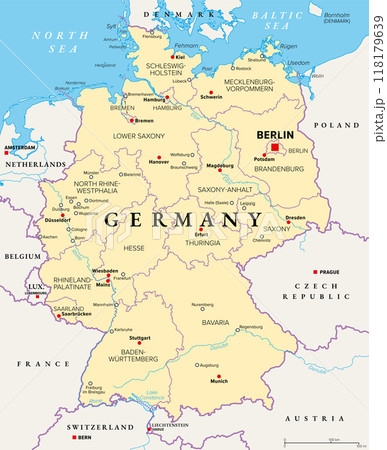 Germany, a country in Central Europe with capital Berlin, political map. The Federal Republic of Germany, with its 16 constituent states, their capitals, and largest cities, and neighbor countries. 118179639