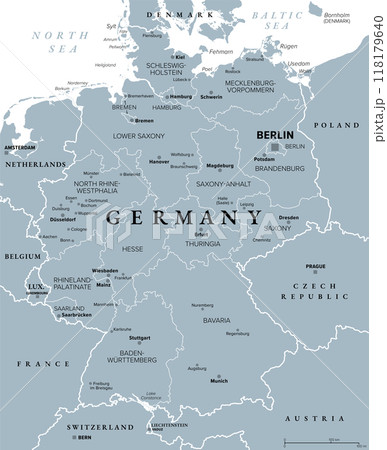 Germany, a country in Central Europe with capital Berlin, gray political map. Federal Republic of Germany with its 16 constituent states, their capitals, and largest cities, and neighbor countries. 118179640
