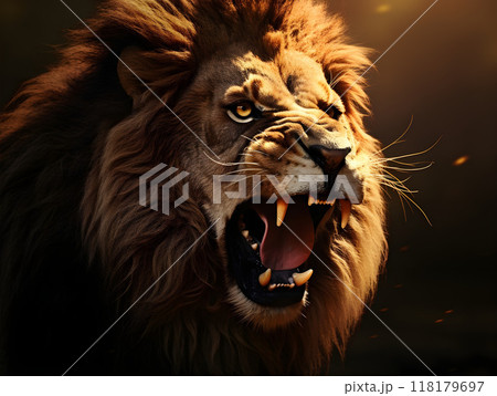 Majestic lion with fierce expression in dramatic light 118179697