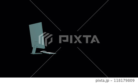 PC computer with a green screen on a black background. Ability to change the background and image on the PC monitor screen. 3D rendering. 118179809