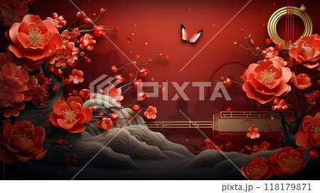 Butterfly amidst red flowers and branches overlooking city 118179871