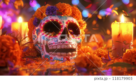 Festive Dia de los Muertos Skull with Marigold Flowers Festive Dia de los Muertos Skull with Marigold Flowers 118179903