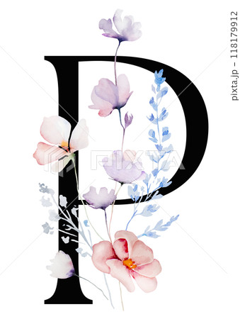 Black letter P with Watercolor pastel tender wild flowers and leaves, wedding isolated illustration 118179912