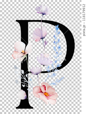Black letter P with Watercolor pastel tender wild flowers and leaves, wedding isolated illustration 118179912