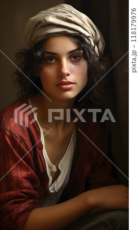 Woman with headpiece in contemplative indoor setting. 118179976