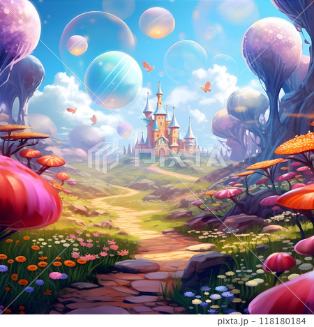 Surreal castle in bubble-filled fantasy wonderland Surreal castle in bubble-filled fantasy wonderland 118180184