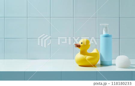 Minimalist Bathroom with Rubber Duck and Soap Dispenser Minimalist Bathroom with Rubber Duck and Soap Dispenser 118180233