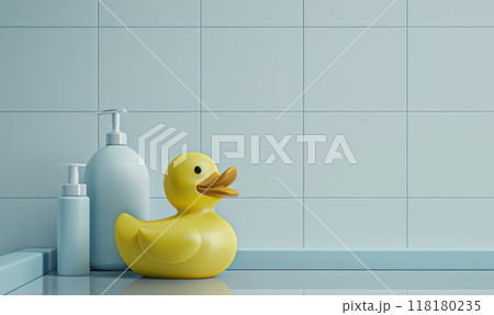 Minimalist Bathroom with Rubber Duck and Soap Bottles 118180235