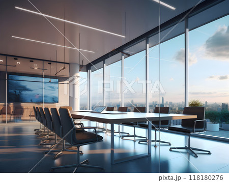 Modern conference room with city view during sunset. 118180276
