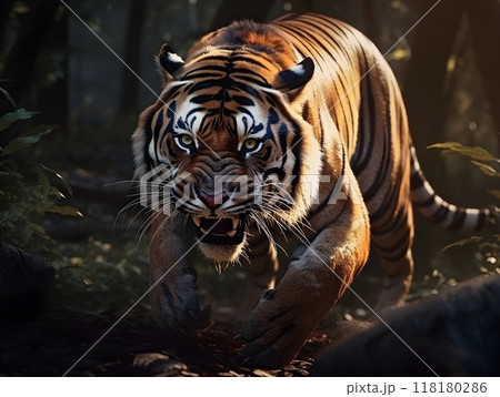 Tiger prowling in dense forest, alert and focused 118180286