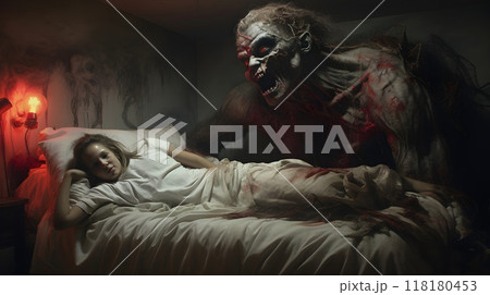 Individual resting as a monstrous figure approaches 118180453