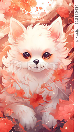 White fluffy cat with autumn leaves and serene ambiance 118180454