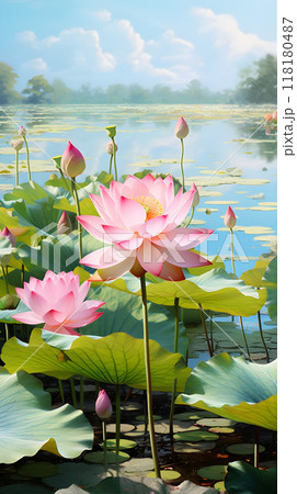 Serene pink lotus flowers in a sunlit pond filled with leaves 118180487