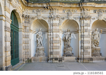 Zwinger palace complex with gardens, one of the most important buildings of the Baroque in Dresden, Germany Zwinger palace complex with gardens, one of the most important buildings of the Baroque in Dresden, Germany 118180581