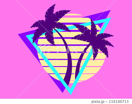 80s retro sci-fi palm trees on a sunset. Retro futuristic sun with palm trees in a triangular frame. Synthwave style. Design for advertising brochures, banners and posters. Vector illustration 118180713