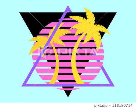 80s retro sci-fi palm trees on a sunset. Retro futuristic sun with palm trees in a triangular frame. Synthwave style. Design for advertising brochures, banners and posters. Vector illustration 118180714
