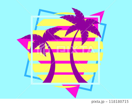 80s retro sci-fi palm trees on a sunset in triangular frame. Retro futuristic sun with palm trees. Synthwave and retrowave style. Design for advertising banners and posters. Vector illustration 118180715