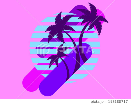 Retro futuristic palm trees in 80s style at sunset. Summer time, palm trees on the background of the sun, synthwave style. Design for advertising brochures and banners. vector illustration Retro futuristic palm trees in 80s style at sunset. Summer time, palm trees on the background of the sun, synthwave style. Design for advertising brochures and banners. vector illustration 118180717