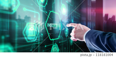 Businessman clicks icon Insurance, health family car money travel Insurtech concept 118181004