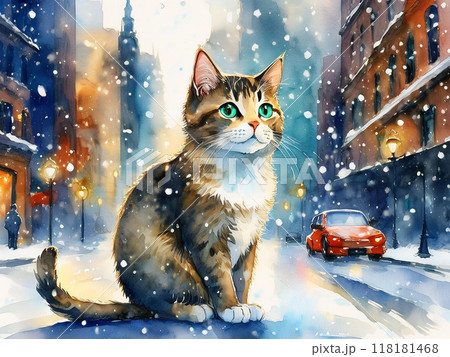 雪の降る中、町中で座る猫 118181468
