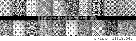 Geometric floral set of seamless patterns. White and black vector backgrounds. Damask graphic ornaments. Geometric floral set of seamless patterns. White and black vector backgrounds. Damask graphic ornaments. 118181546