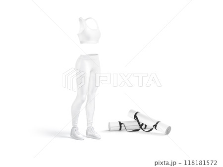 Blank white uniform and floor mat for yoga mockup, isolated 118181572
