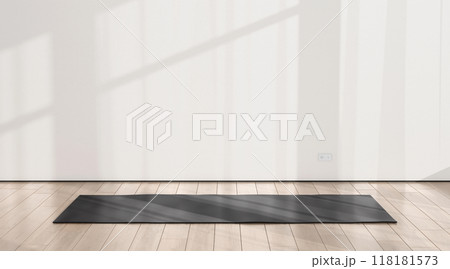 Blank black yoga mat in sport area with shadow mockup 118181573