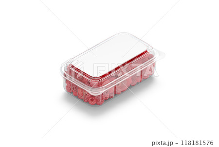 Blank transparent plastic box with raspberry mockup, side view 118181576