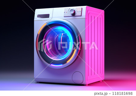 A close-up of a washing machine set against a black background, with neon light accents highlighting its features 118181698