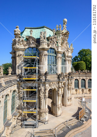 Reconstruction of Zwinger palace complex with gardens, one of the most important buildings of the Baroque in Dresden, Germany 118181702