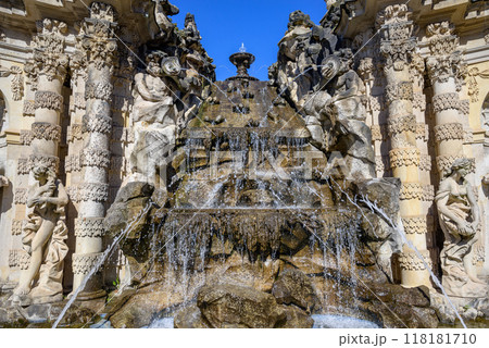 Decorative Baroque fountain Nymphs Bath (Nymphenbad) in the Zwinger palace complex with gardens in Dresden, Germany 118181710