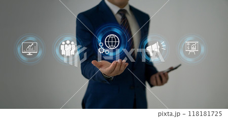 Businessman in suit and smartphone show the sign and icon of Digital marketing internet advertising and sales increasebusiness technology concept, online marketing, E-business,Ecommerce. 118181725