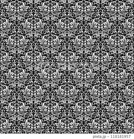 Wallpaper in the style of Baroque. Seamless vector background. White and black floral ornament. Graphic pattern for fabric, wallpaper, packaging. Ornate Damask flower ornament. 118181957