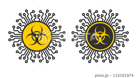 Computer virus micropchip symbol, Cyber Security Icon. Shield Security Lock ML icon, Artificial intelligence sign. Vector illustration image. Isolated on white background. 118181974