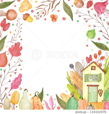 Hand drawn watercolor autumn fairytale house with berries and mushrooms frame border isolated on white background. Can be used for postcard, invitation, scrapbook and other printed products. 118182076