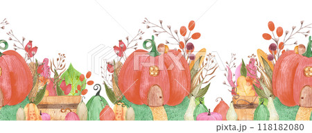 Hand drawn watercolor autumn fairytale pumpkin house seamless frame border isolated on white background. Can be used for textile, fabric, scrapbook and other printed products. Hand drawn watercolor autumn fairytale pumpkin house seamless frame border isolated on white background. Can be used for textile, fabric, scrapbook and other printed products. 118182080