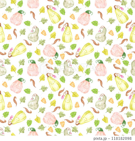 Hand drawn watercolor autumn pumpkins and leaves seamless pattern isolated on white background. Can be used for textile, fabric, scrapbook and other printed products. 118182098