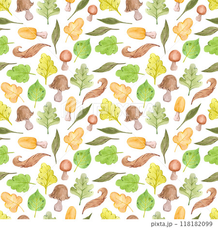 Hand drawn watercolor autumn mushrooms and leaves seamless pattern isolated on white background. Can be used for textile, fabric, scrapbook and other printed products. Hand drawn watercolor autumn mushrooms and leaves seamless pattern isolated on white background. Can be used for textile, fabric, scrapbook and other printed products. 118182099