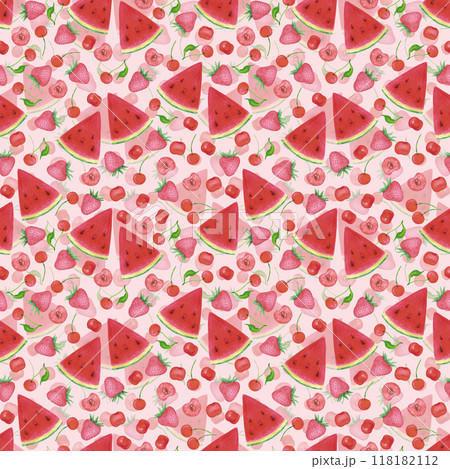 Hand drawn watercolor ripe berries and watermelon seamless pattern isolated on pink background. Can be used for textile, fabric and other printed products. Hand drawn watercolor ripe berries and watermelon seamless pattern isolated on pink background. Can be used for textile, fabric and other printed products. 118182112